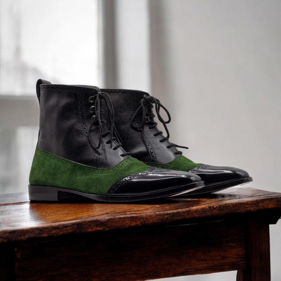 Handmade Men's Green Black Boots | Two-Tone Leather Suede Boot | Classic Ankle High Boots | Wingtip Dress Boots | Luxury Formal Footwear Handmade Men's Green Black Boots | Two-Tone Leather Suede Boot | Classic Ankle High Boots | Wingtip Dress Boots | Luxury Formal Footwear