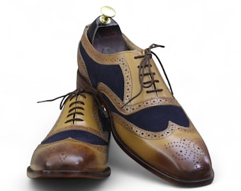 Luxury Handmade Brown- Navy Blue Wingtip Oxford Shoes | Brogue Toe Dress Shoes | Genuine Leather Suede | Men's Formal Shoes | Gift For Him