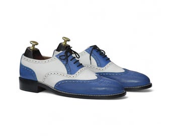 Handmade Men's Blue White Shoes  | Wingtip Oxford Shoes | Genuine Premium Leather | Wing Tip Style Shoes | Brogue Dress Shoes | Formal Shoes
