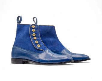 Handcrafted Men's Royal Blue Boot | Suede & Leather Ankle Boots | Button-Up Dress Boots | Elegant, Durable Footwear | Cap Toe Style Boot