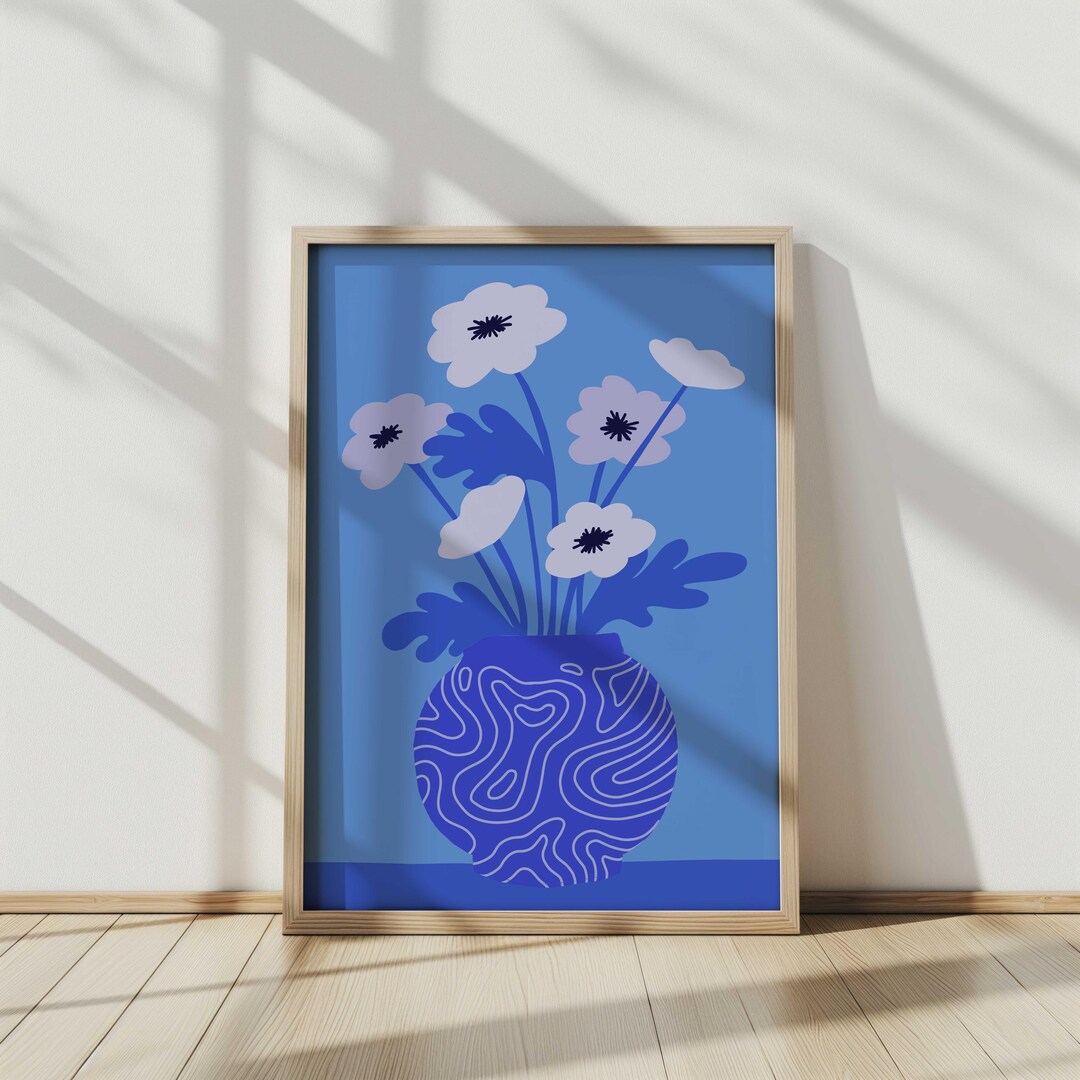 Blue Floral Vase Art Print: Modern Botanical Decor (digital Download ...