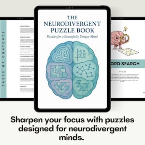 Può includere: Un tablet mostra "The Neurodivergent Puzzle Book" con un'illustrazione del cervello divisa in sezioni di puzzle. Il testo di copertina recita "Puzzles for a Beautifully Unique Mind." Altri tablet mostrano un sommario e un esempio di ricerca di parole. Il testo in basso dice "Affina la tua concentrazione con enigmi progettati per menti neurodivergenti."