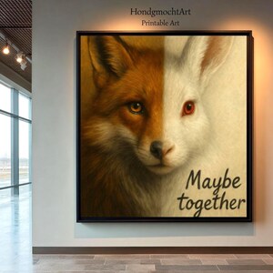 Könnte beinhalten: Gerahmter Druck mit einem geteilten Bild eines Fuchses und eines Kaninchens. Die Fuchshälfte ist braun und orange, die Kaninchenhälfte weiß. Der Text "Maybe together" steht in schwarzer Schrift darunter.