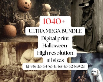 May include: A digital print bundle with a Halloween theme. The image features a pumpkin-headed figure, a witch, and other vintage-style Halloween imagery. The text reads "1040+ ULTRA MEGA BUNDLE Digital print Halloween High resolution all sizes."