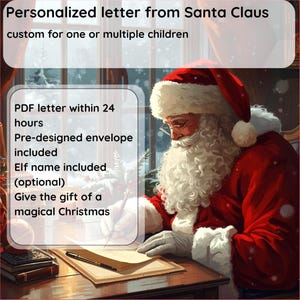 Könnte beinhalten: Bild von Santa Claus, der einen personalisierten Brief schreibt. Text: „Personalisierter Brief vom Weihnachtsmann, individuell für ein oder mehrere Kinder“. Zusätzlicher Text: „PDF-Brief innerhalb von 24 Stunden, vorgefertigter Umschlag inklusive, Elfennamen inklusive (optional), Verschenken Sie ein magisches Weihnachtsfest“.