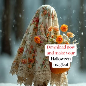 May include: A floral patterned fabric draped over an unseen form, holding a pumpkin-shaped basket filled with orange flowers. The fabric has a cream background with orange and pink floral designs. The text reads: "Download now and make your Halloween magical."