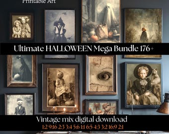 May include: A collection of framed vintage Halloween-themed art prints. The prints feature sepia-toned illustrations of ghosts, pumpkins, and eerie figures. Text includes "Ultimate HALLOWEEN Mega Bundle 176+" and "Vintage mix digital download."