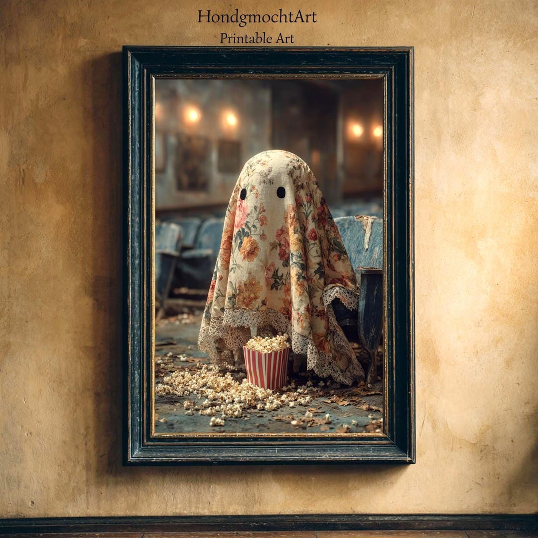 Vintage Halloween Wall Art – Cute Ghost in Cinema With Popcorn – Funny ...