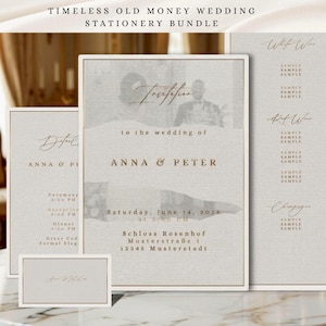 Könnte beinhalten: Ein Hochzeits-Papeterie-Set mit zeitlosem Design. Die Einladung zeigt die Namen ANNA & PETER, Veranstaltungsdetails und Informationen zum Veranstaltungsort. Zusätzliche Karten enthalten Details, eine Speisekarte und eine Tischkarte. Die Farbpalette ist neutral.