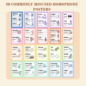 May include: A set of 20 educational posters titled 20 COMMONLY MISUSED HOMOPHONE POSTERS. Each poster features pairs or groups of homophones with definitions and small illustrations, organised in a grid with colourful borders on a light background.