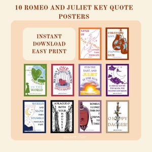 Peut inclure: Collection de dix affiches de citations de Roméo et Juliette. Chaque affiche présente un design unique avec des citations telles que "A Pair of Star-Crossed Lovers Take Their Life" et "O Happy Dagger !" Les affiches sont disponibles en téléchargement instantané et faciles à imprimer.