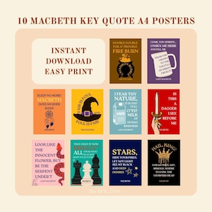 Puede incluir: Diez carteles A4 con citas de Macbeth, cada uno con un diseño único. Los carteles presentan texto e ilustraciones como un caldero, una daga y una corona. Descarga instantánea e impresión fácil.