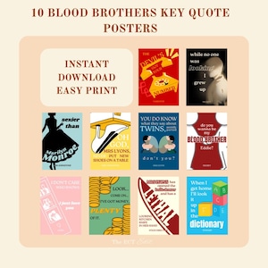 Può includere: Una collezione di 10 poster con citazioni chiave di Blood Brothers caratterizzati da vari design grafici, colori e tipografie. I poster includono frasi come The Devil's Got Your Number, Sexier than Marilyn Monroe e When I get home I'll look it up in the dictionary.