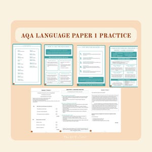 Puede incluir: Una colección de hojas de práctica para el examen AQA Language Paper 1 que incluye índice, guía de uso, consejos, resumen del examen y ejercicios de análisis lingüístico y escritura creativa, impresos en papel blanco con bordes verde azulado.