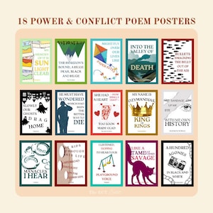 Può includere: Una collezione di 18 poster di poesie con vari disegni e testi. I poster presentano frasi come "Sun Light Clear", "Paper Kites" e "King of Kings". La tavolozza dei colori comprende sfumature di verde, blu, rosso e nero.