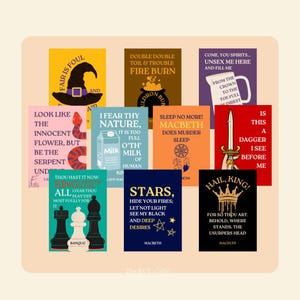 May include: A collection of square art prints with quotes from Shakespeare's Macbeth. The prints feature various colors and designs, including a witch's hat, a cauldron, a dagger, and chess pieces. Each print has a quote from the play.