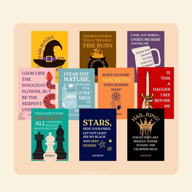 May include: A collection of square art prints with quotes from Shakespeare's Macbeth. The prints feature various colors and designs, including a witch's hat, a cauldron, a dagger, and chess pieces. Each print has a quote from the play.
