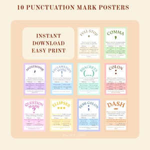 May include: Ten punctuation mark posters are displayed, each showcasing a different mark such as a full stop, comma, and dash. The posters are on a beige background and are designed for instant download and easy printing. The text 'Instant Download Easy Print' is also visible.