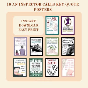 May include: Ten posters with quotes from "An Inspector Calls." Each poster has a unique design with text and illustrations. The posters are available for instant download and easy printing.
