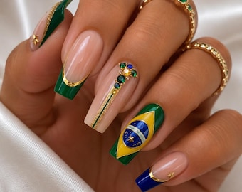Brazil World Cup Press On Nails, Green Yellow Flag Gems 3D Handmade Reusable Luxury Fake Nails Soccer Fan Set