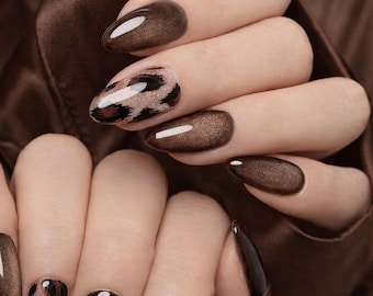 Brown Leopard Press On Nails | Luxury Animal Print Nail Box | Chocolate Brown Almond Nails | Handmade Reusable Press On Nails