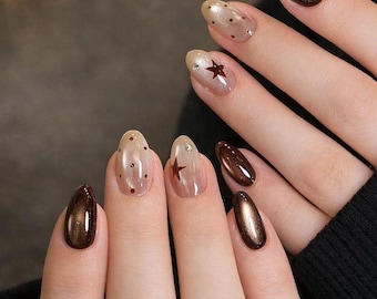 Chocolate Cat Eye Press On Nails | Brown Star Galaxy Nail Set | Almond Magnetic Holiday Nails | Handmade Reusable