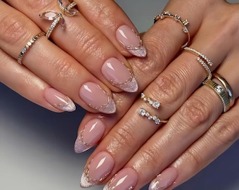 Nude Pink Glitter French Tip Stiletto Press On Nails, Sparkly Ombre Luxury 3D Handmade Reusable Fake Nails Bling Gel Set