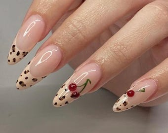 Cherry Leopard Press On Nails | Nude Almond French Tip Nails | Cute Coquette Animal Print | Handmade Reusable Nail Set