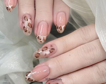 Nude Leopard French Tip Press On Nails | Glitter Almond Nail Set | Soft Pink Animal Print Nails | Handmade Reusable