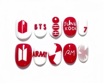 BTS Army Forever "7" Nails - Custom Luxury Kpop Nails - Red and White 3D Nail Art