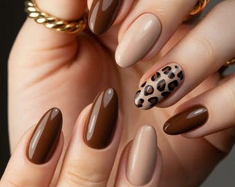 Chocolate Brown Leopard Press On Nails | Glossy Almond Neutral Nail Set | Taupe & Mocha Luxury Fall Nails | Handmade Reusable