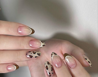 Leopard French Tip Press On Nails | Nude Almond Animal Print Nail Set | Brown Minimal Chic Fall Nails | Handmade Reusable