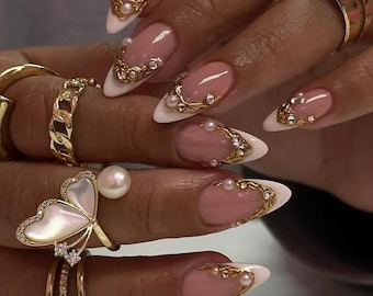 Pink Pearl Gold French Tip Stiletto Press On Nails, White Ombre Luxury 3D Chain Handmade Reusable Fake Nails with Pearls Set