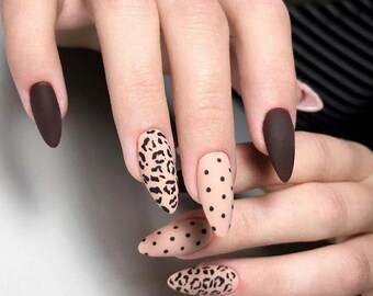 Matte Brown Leopard Press On Nails | Nude Polka Dot Almond Set | Minimalist Neutral Animal Print | Handmade Reusable Nails