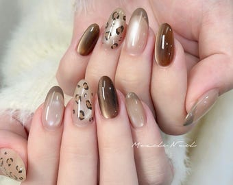 Bronze Chrome Leopard Press On Nails | Neutral Ombre Almond Nail Set | Glossy Brown Luxury Fall Nails | Handmade Reusable