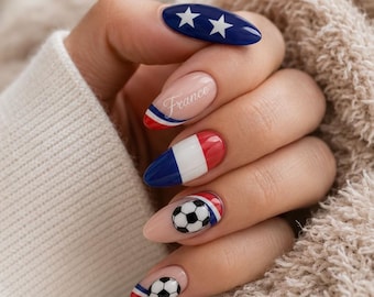 France Soccer Flag Press On Nails, Blue White Stars 3D Handmade Reusable Luxury Fake Nails World Cup 2026 Fan Set