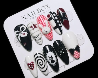 Kawaii Press On Nails | Cute Goth Y2K Nail Box | Harajuku Style Handmade Nails | Black White Red Reusable Press On Set