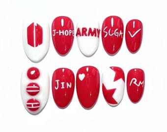 BTS Army Forever "7" Nails - Custom Luxury Kpop Nails - Red and White 3D Nail Art
