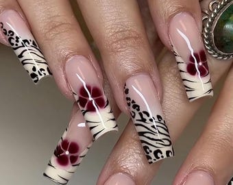 Zebra Leopard Burgundy Floral Press On Nails | Wild Animal Print Ombre French Nails | Handmade Reusable Luxury Fake Nails Set
