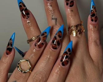 Blue French Tip Leopard Press On Nails, Animal Print Almond Nails, Trendy Bold Fake Nails, Y2K Style Handmade Reusable Nail Set