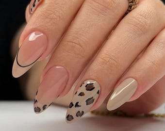 Nude Leopard Press On Nails | Minimalist Almond Nail Set | Classy Neutral Animal Print | Handmade Reusable Nail Box