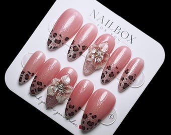 Pink Leopard Press On Nails | Glam Floral 3D Nail Box | Glitter Almond Handmade Nails | Luxury Reusable Press On Set