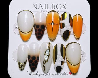 Luxury Amber Gold Press On Nails | Tortoise Shell Chrome Nail Box | Designer Style Almond Nails | Handmade Reusable Statement Set