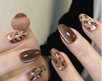 Mocha Ombre Leopard Press On Nails | Glossy Brown Almond Nail Set | Neutral Animal Print Luxury Fall Nails | Handmade Reusable