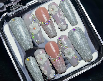 Silver Glitter 3D Flower Rhinestone Press On Nails, Holographic Coffin Luxury Handmade Reusable Fake Nails with Pearlescent Bloom Set