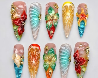 3D Ocean Fruit Flower Butterfly Press On Nails, Sculpted Summer Tropical Stiletto Handmade Reusable Luxury Fake Nails Gold Charm Set