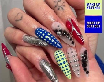 Luxury Mixed Chrome Long Stiletto Press On Nails | Polka Dot, Smoke Effect, Rhinestone 3D Nail Art | Reusable Handmade Fake Nails
