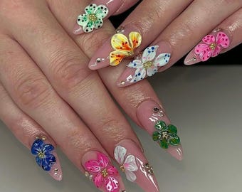 3D Flower Press On Nails | Colorful Floral Nails | Spring Summer Cute Nails | Handmade Statement Nail Set