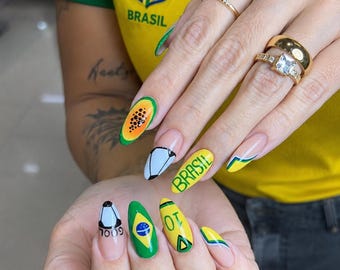 Brazil Soccer Flag Press On Nails, Green Yellow Brasil 3D Flag Handmade Reusable Luxury Fake Nails World Cup 2026 Fan Set