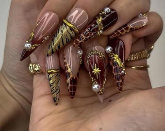 Luxury Gold Burgundy Press On Nails | Stiletto Glam Nail Set | Designer Pearl Charm Nails | Handmade Statement Nails